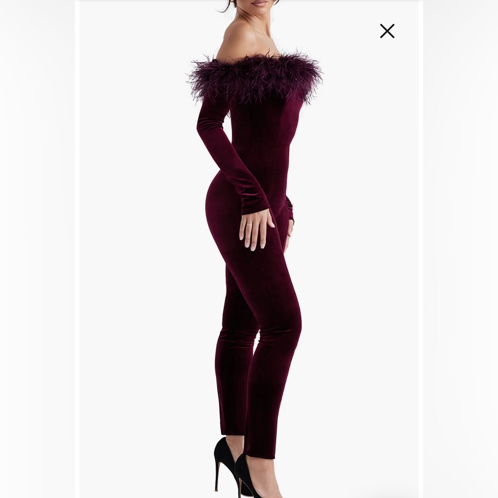Salima Feather Trim Off The Shoulder Long Sleeve Velvet Jumpsuit: Brown Cherry